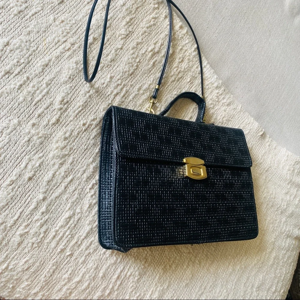 Vintage Black Woven Texture Briefcase W Gold Brass Closure